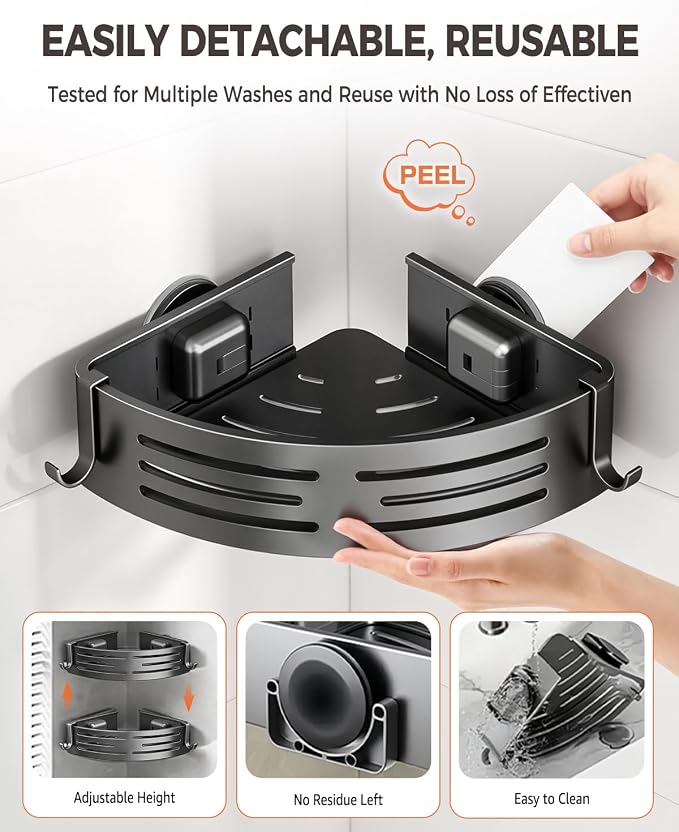 Conworld Corner Shower Caddy Suction Cups, No-Drilling Corner Shower Shelf | 1. No Drilling, No Wall Damage 2. Aluminum, Rustproof 3.Suitable for Ceramic Tiles and Glass Walls