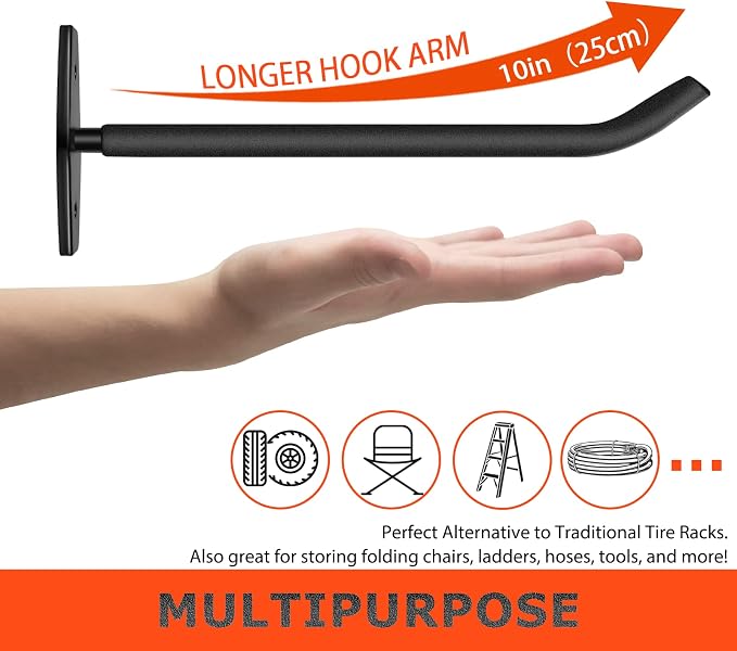 Tire Storage Rack Wall Mount, 10in Large Garage Hooks Heavy Duty | 8 Pack Tire Hooks for Garage Wall Storage, Wheel Hanger for Organizing Rims Ladder Folding Chairs and Bulky Tools | 88lbs