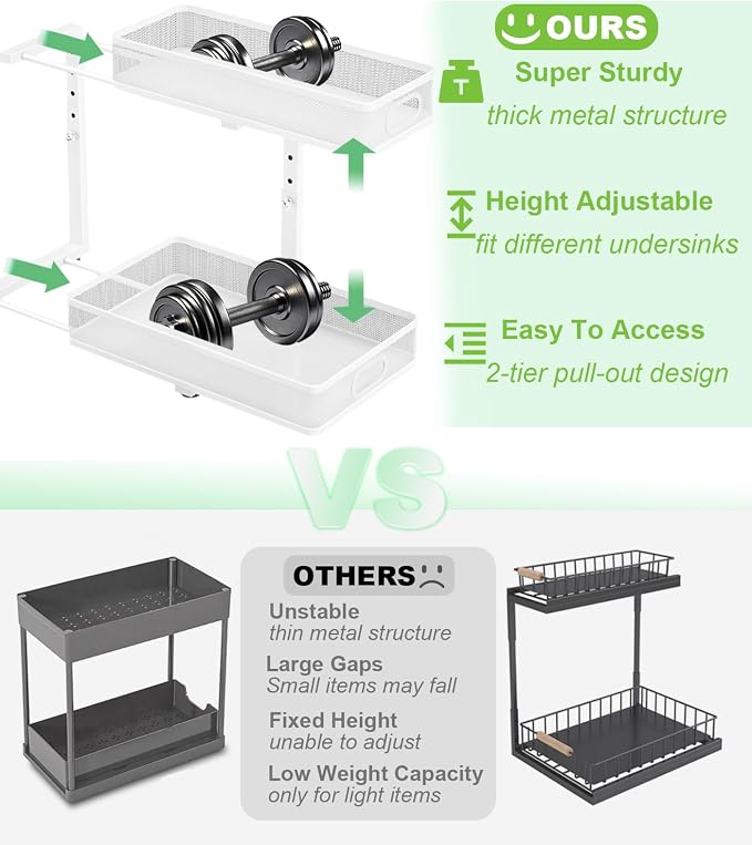 Under Sink Organizer, High Adjustable 2 Tier Under Sink Organizers and Storage, Slide out Metal Cabinet Organizers, Pull out Storage Drawer Shelf for Kitchen Bathroom Cabinet (White-1 pack)