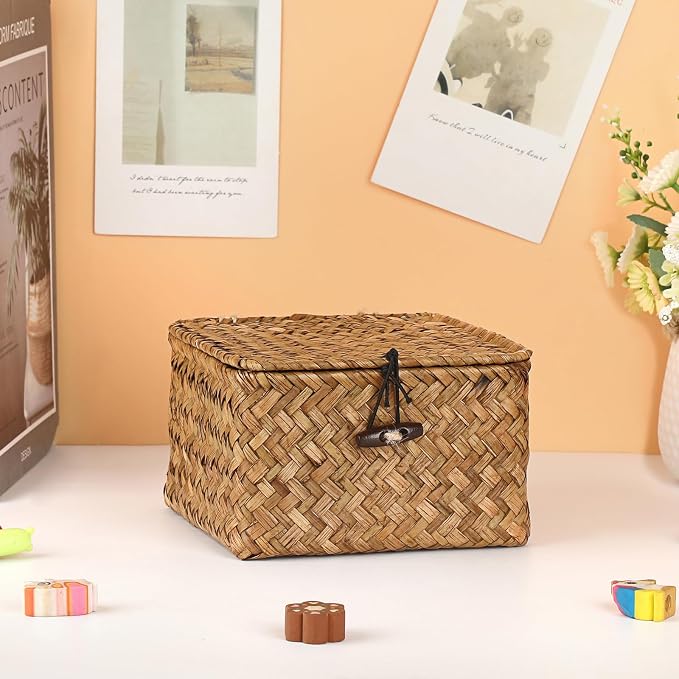 Hipiwe Wicker Shelf Basket Bin with Lid X-small Square Seagrass Storage Box | Handwoven Baskets Bin Boxes Multipurpose Household Organizer for Shelves Home Decor, Caramel Color