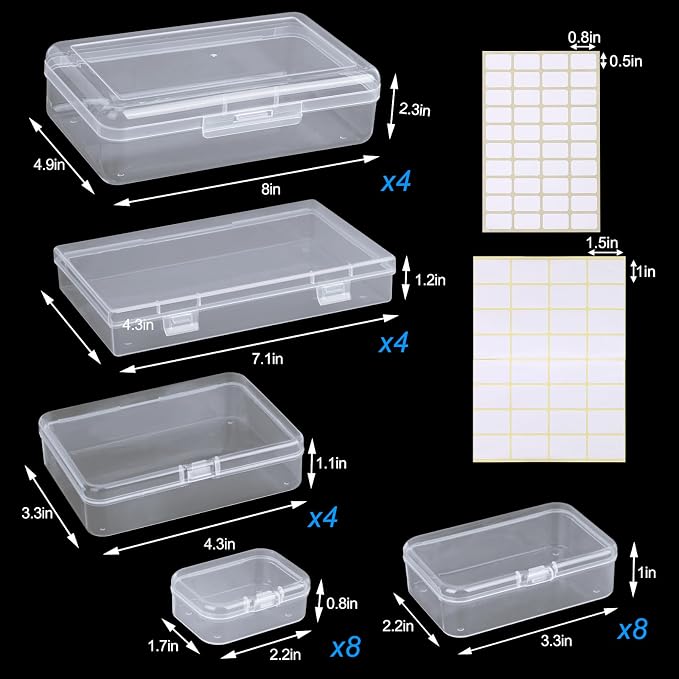 QUEFE 28 Pack Small Storage Containers Mixed Sizes Clear Plastic Boxes Craft Organizers Rectangular Bins with Lids for Small Items Bead Art Craft Jewelry Projects | Sturdy Clear PP, 5 Mixed Sizes, Hinged Snap-Lock Lids, 2 Label Sheets, for Pills Beads ...