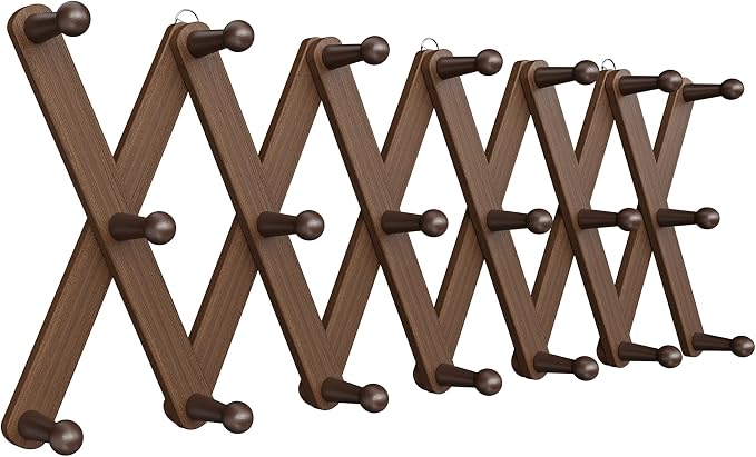 Accordion Wall Hanger, Hat Rack for Wall with 20 Coat Hooks, Expandable Hat Hangers Organizer, Vintage Decorative Coat Rack Wall Mount for Purse, Mug (Brown)