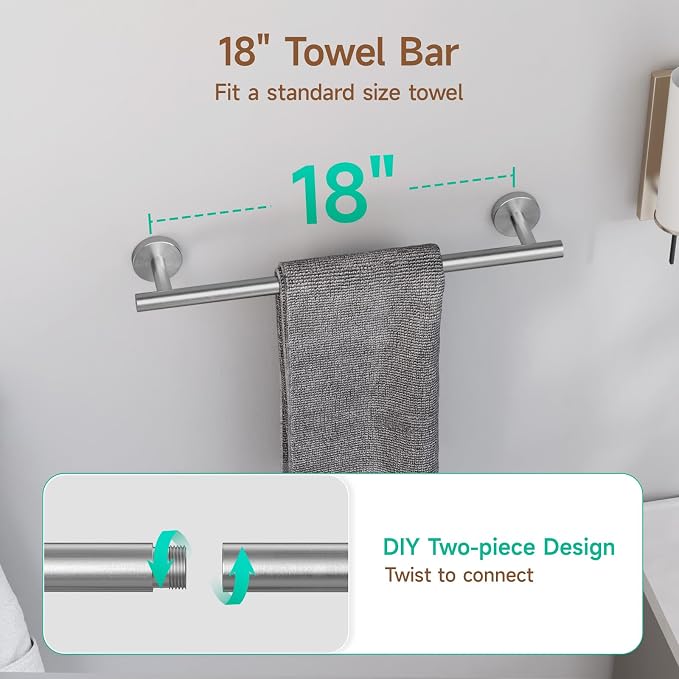 USHOWER 4PCS Brushed Nickel Bathroom Accessories Set, 18-Inch Towel Bar Set | Durable SUS304 Stainless Steel Bathroom Hardware Set, Towel Racks for Bathroom Wall Mounted, Modern Home Decor
