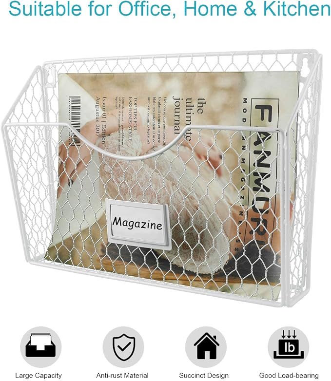 6 Pockets Hanging File Holder Wall Mount Mail Organizer Metal Chicken Wire Magazine Rack with Tag Slot, White