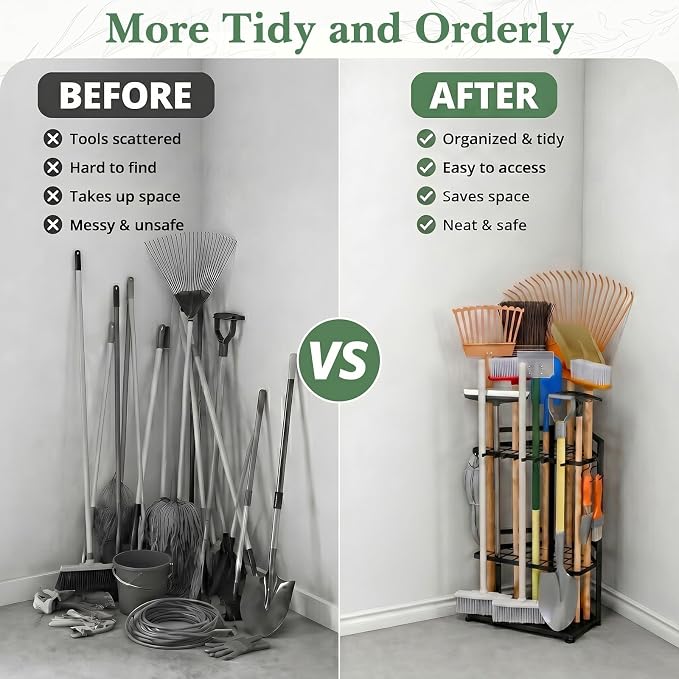 Faesun Garden Tool Organizer for Corner, 3-Tier Metal Yard Tool Rack, Holds 50+ Rakes/Shovels/Brooms,Heavy Duty Lawn Tool Storage for Garage Shed Outdoor Organization