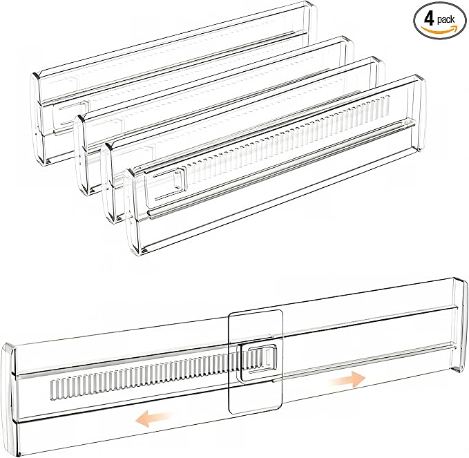 Adjustable Drawer Dividers 11.3-20in Organizer for Dresser (4) | Clear Plastic, 3.2in Wide, Adhesive Mounting, No Tools, for Kitchen Office