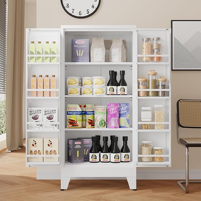 48" H Metal Kitchen Pantry Storage Cabinet, Freestanding Cupboard Storage Cabinet with Doors and Adjustable Shelves, Large Stand Up Food Cupboard for Living Room, Dinning Room（White）