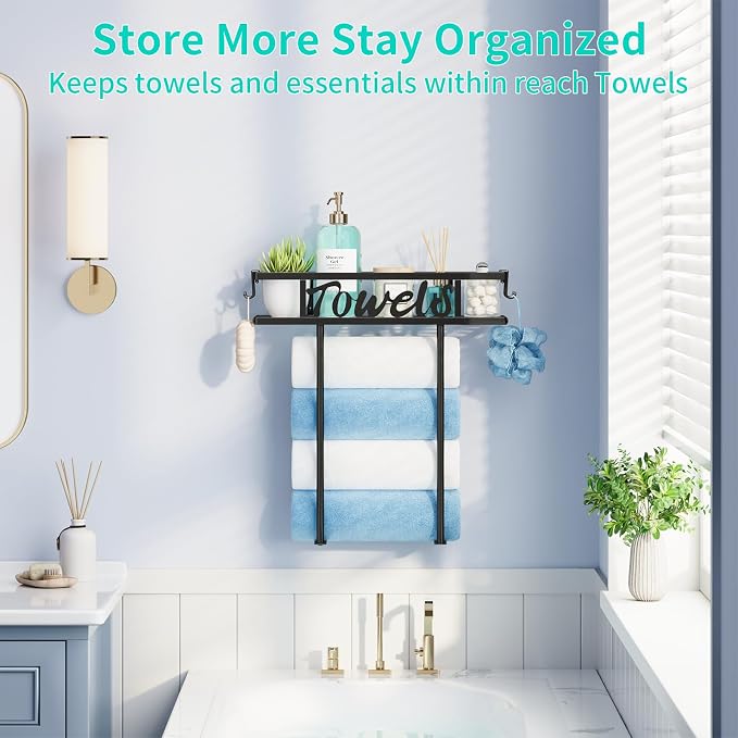 HapiRm Rolled Towel Racks for Bathroom - Towel Storage for Above Toilet | Space-Saver Wall Mounted Towel Holder with Metal Top Basket & 4 Hooks, Fit for Bathtub, Vanity, Small Bathroom, Camper, RV