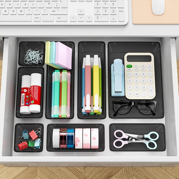 12 PCS Drawer Organizer Set, Makeup Organizers, Tool Storage Trays, Black | 4 Sizes, Plastic, Stackable, Multiple Gadgets, Desk Drawer Divider Organizers, for Makeup, Office Supplies Storage