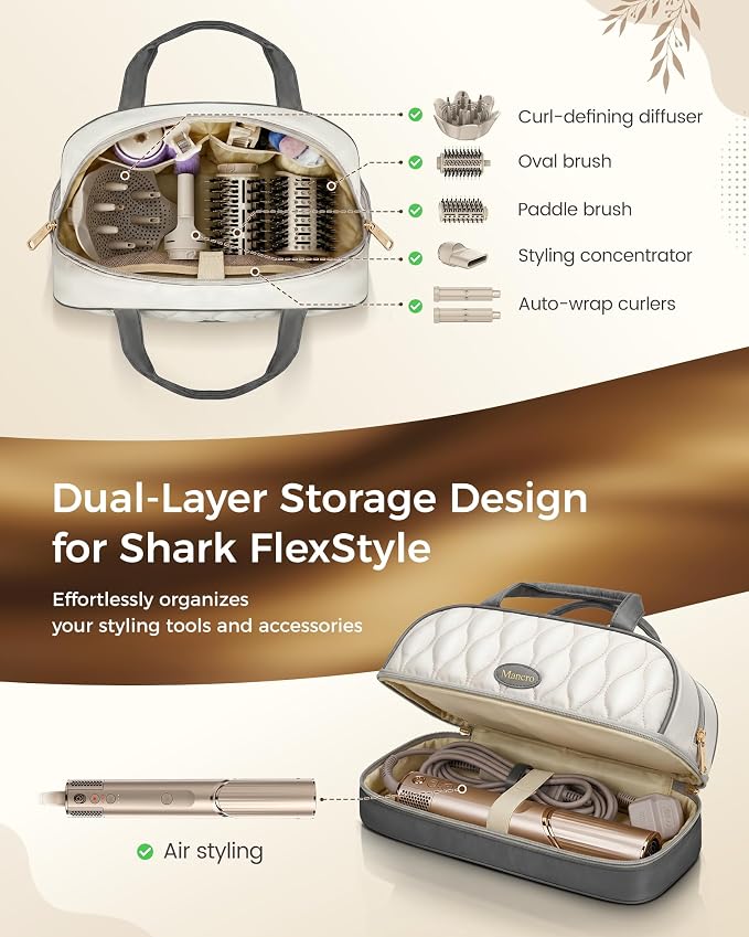 Mancro Carrying Case for Shark FlexStyle, Quilted Hair Tools Travel Bag | with Heat-Resistant Mat, Travel Case for Dyson Airwrap & Shark FlexFusion, Hair Dryer Organizer for Women, Ivory Gray
