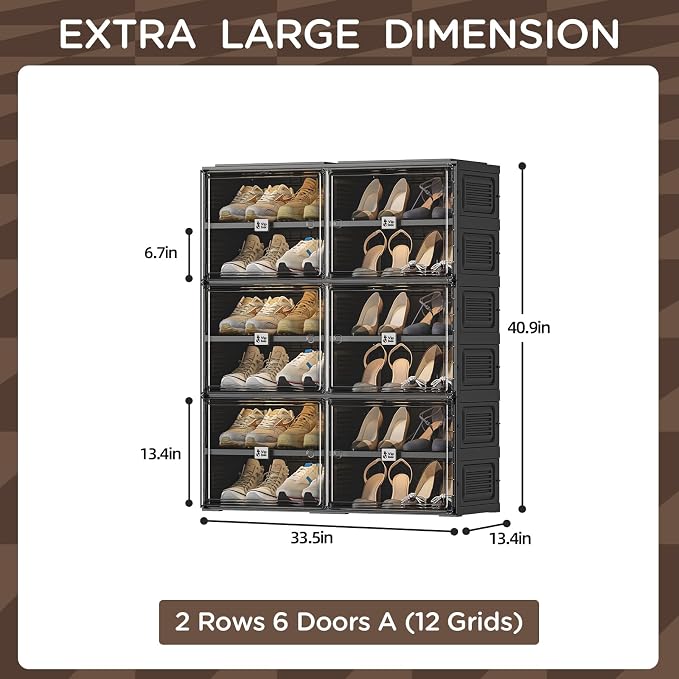 Black Shoe Rack Organizer Cabinet for Closet Entryway,Clear Shoe Storage Boxes Stackable Sneaker Storage with Door Easy Assembly Shoe Cabinet with Lids Large 6 Tiers 24 Pairs