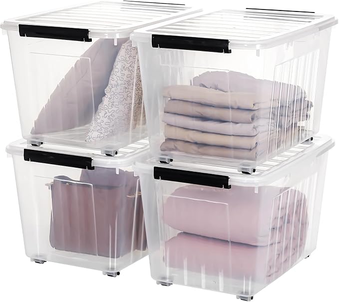 Citylife 82 Quart Large Clear Plastic Storage Bins with Lids 4-Pack | Stackable, Secure latching lids, Easy Find, Clothes Storage Bins for Closet Bedroom Garage