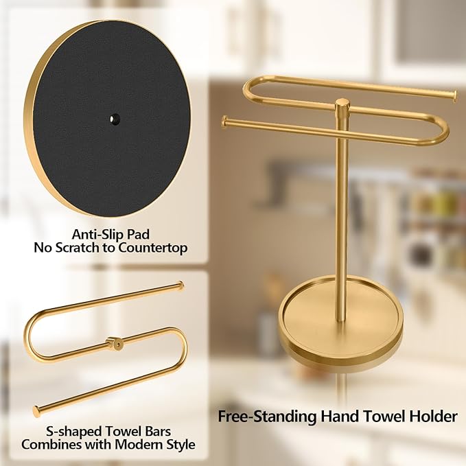 Bethom Bathroom Hand Towel Holder Stand Gold, S-Shape Kitchen Towel Rack | Stainless Steel Countertop Towel Standing Bar, Holds 2 Hand Towels