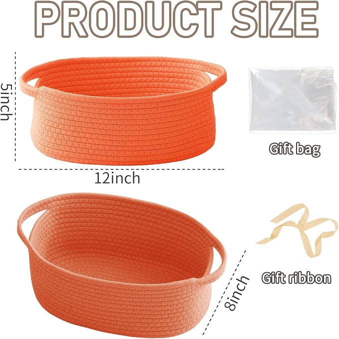 JMvicyroam Small Woven Basket, Empty Gift Basket, Orange/3 Pack | Small Gift Basket, Cotton Rope, 12 x 8 x 17 in, Handles, Includes Ribbon and Bag, Birthday Gift Basket