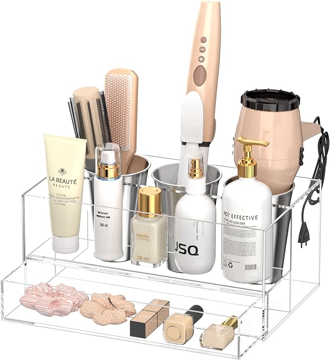 NIUBEE Acrylic Hair Tool Organizer with Drawer, Hair Dryer Holder Organizer | Clear, Hot Tools Organizer Countertop with 3 Cups, Hair Blow Dryer Storage for Curling Iron, Brush, Straightener, Bathroom
