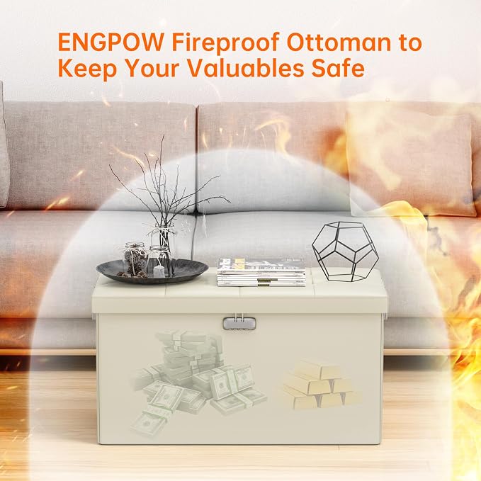 ENGPOW Storage Ottoman Bench,Fireproof Folding Bench with Lock,30 Inches Fire＆Water Resistant Storage Chest Foot Rest Stool Leather Bedroom Ottoman Safe for Documents,Valuables, Beige