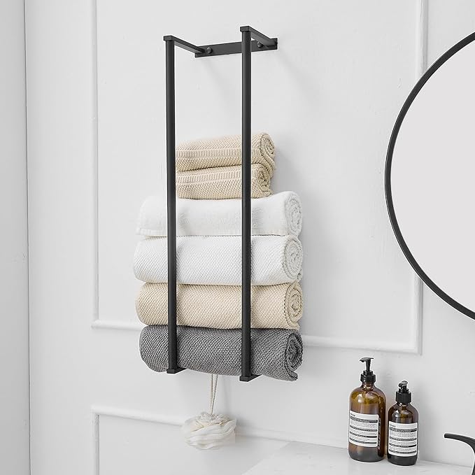 BWE Matte Black Towel Racks for Bathroom 28" Towel Holder for Rolled Towels | Stainless Steel Wall Mounted Towel Storage for Bathroom with 2 Hooks, 6 Large Bath Towels Capacity