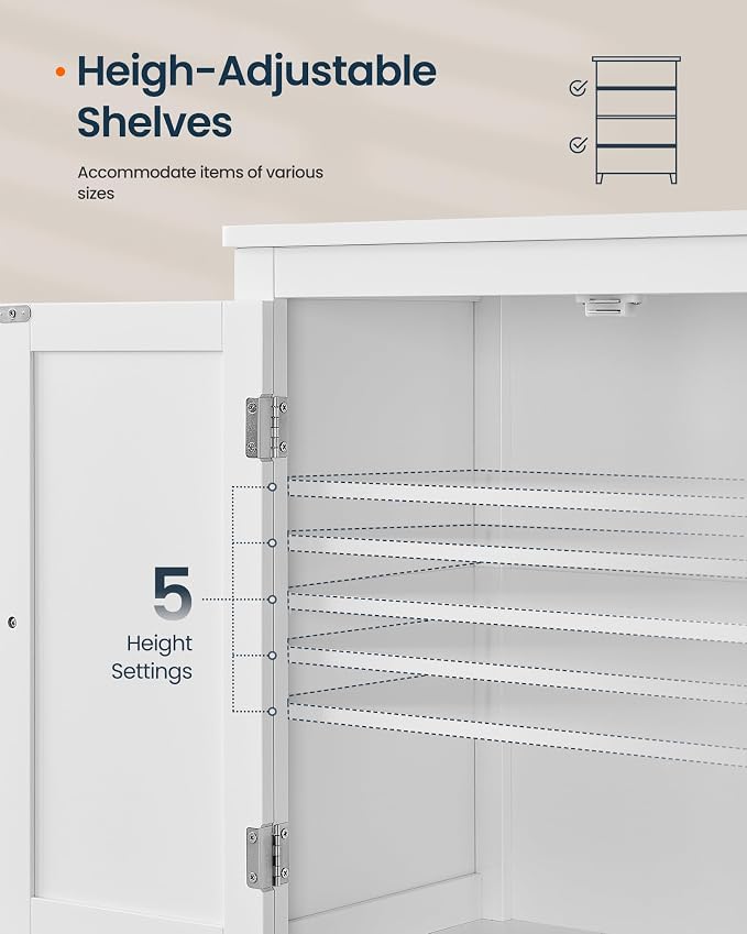 SONGMICS HOME Freestanding Storage Cabinet, Floor Cabinet with Elevated Legs, Metal Handles, for Living Room, Kitchen, Bathroom, White