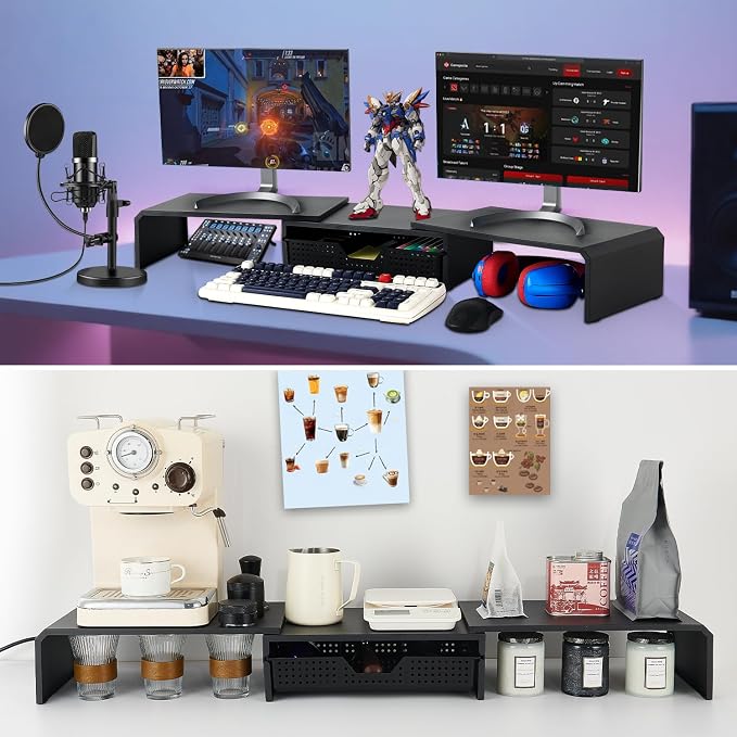 LEKETREE Dual Monitor Stand Riser with Drawer, Computer Stand for Desk, Workspace Desktop Stand, Desk Organizer for Computer, Laptop, TV and More (Black)