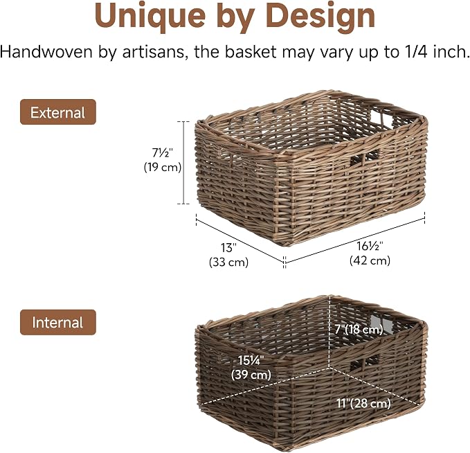StorageWorks Pantry Baskets, Willow Storage Baskets for Organizing, Shelves, Pantry Organizers and Storage, Brown, 16 ½"L x 13" W x 7 ½"H