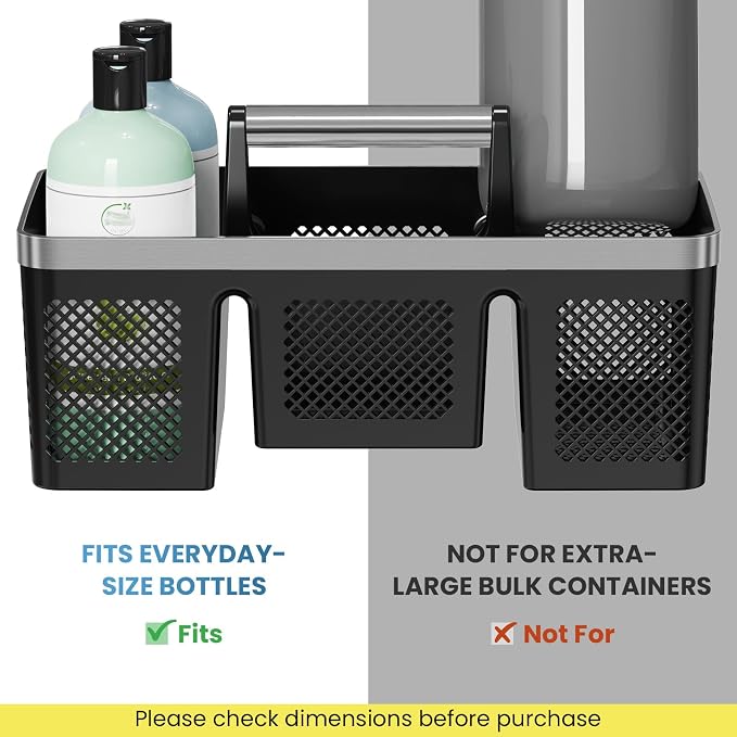 BYUNER 2Pack Plastic Shower Caddy: Portable Hard Bathroom Basket Tote with Handle, 4 Divided Compartments, All-Side Drainage, Non-Mesh Shower & Cleaning Caddy Organizer for College Dorm, Black/Silver