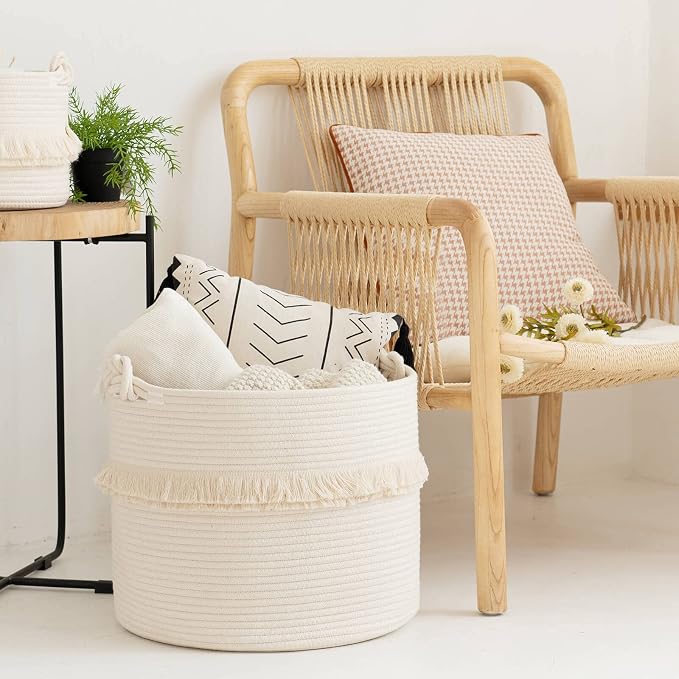 CherryNow 45L Woven Rope Baby Basket with Tassel, 16" x 13", Off-White | Decorative Boho Laundry Basket for Blankets & Towels Storage, Fits Living Room & Nuesery Home Decor, with Knotted Handles