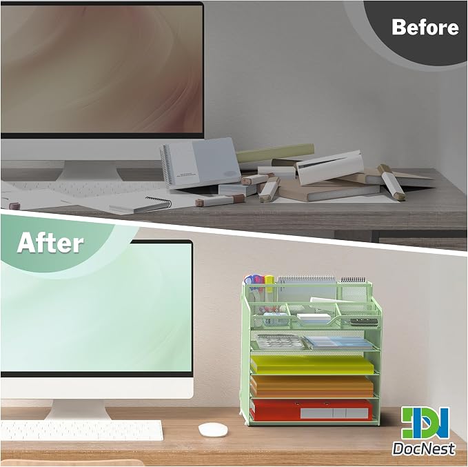 Docnest 5 Tier Mesh Desk Organizer with Letter Tray & Paper Sorter, Green | Features 3 built-in pen holders & 5 adjustable compartments on top. Includes 4 non-slip rubber feet for desk protection