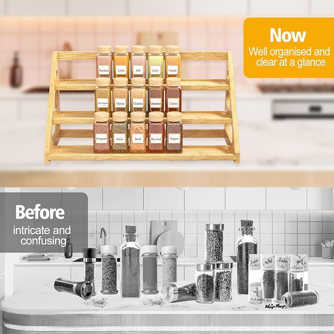Premium Spice Rack - 3 Tier Bamboo Spice Rack Organizer - Spice Organization for Kitchen Cabinet/Countertop
