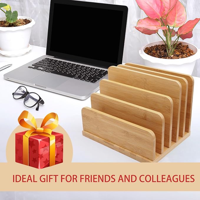 Desk File Mail Organizer Countertop, 5 Slots Bamboo Folder Sorter Holder for Letter, Envelope, Paper, Bill Filing, Desktop Tray Organizer for Office & Home