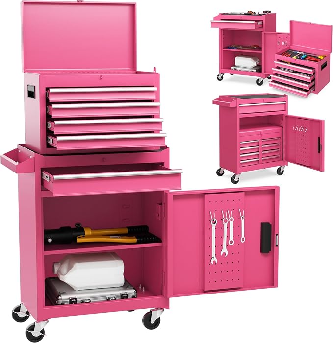 Goplus Pink Tool Chest, 5 Drawers Rolling Tool Cabinet w/Detachable Top Toolbox, Universal Lockable Wheels,Lock Bar,Protective Liner,Tool Rack, Metal Tool Storage Cart, Tool Box for Garage Workshop