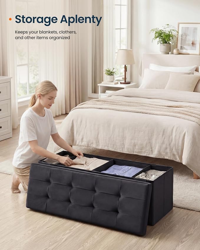 SONGMICS HOME Ottoman with Storage, Removable Lid, Folding Storage Chest, Easy Assembly, for Entryway, Bedroom, Living Room, 15.2 x 43.2 x 15.2 Inches, Velvet, Black