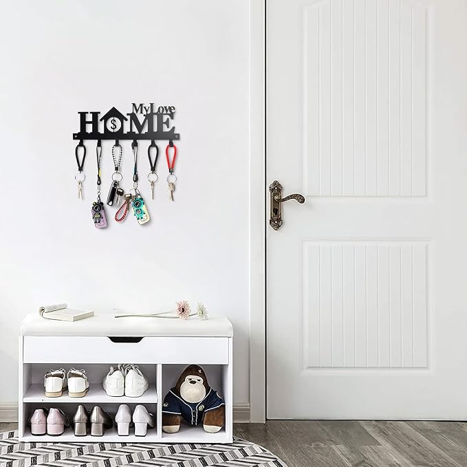 Key Holder Wall Mounted with Screws and Anchors, Black Multifunctional Key Hanger with 6 Hooks, Entryway Front Door Kitchen Hallway Garage Office