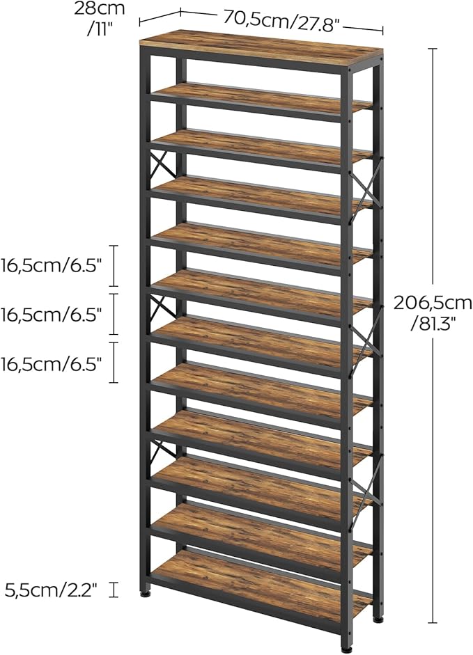 12-Tier Tall Shoe Rack Organizer, Wooden Shoe Storage for Closet Holds 48 Pairs, Sturdy Shoe Shelf with X-Shaped Metal Support, for Entryway, Bedroom, Rustic Brown and Black SS212BR