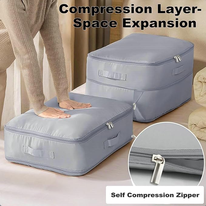 Comforter Storage Bag, Bedding & Blanket Self Compression Storage Organizer | Compression Storage Bag for Blanket Storage, Thick Satin Fabric Heavy Duty Bags for Pillow Duvet (Gray, L)