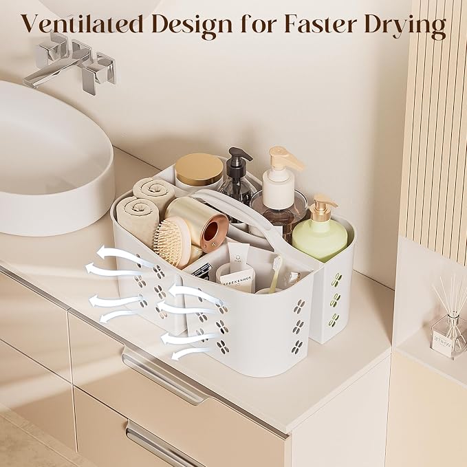 Portable Shower Caddy with Handle, Large Capacity Shower Basket Organizer, Quick-Drain Bathroom Storage Tote, Durable Plastic Shower Organizer for College Dorm, Beach, Gym, Travel Essentials, White