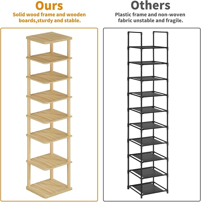 8 Tiers Vertical Shoe Rack Tall Narrow Shoe Tower Corner Shoe Rack, Natural | Small Shoe Organizer for Entryway, Closet, Dorm & Small Spaces, Freestanding Wooden Shoe Shelf for Boots, Sneakers, Heels.