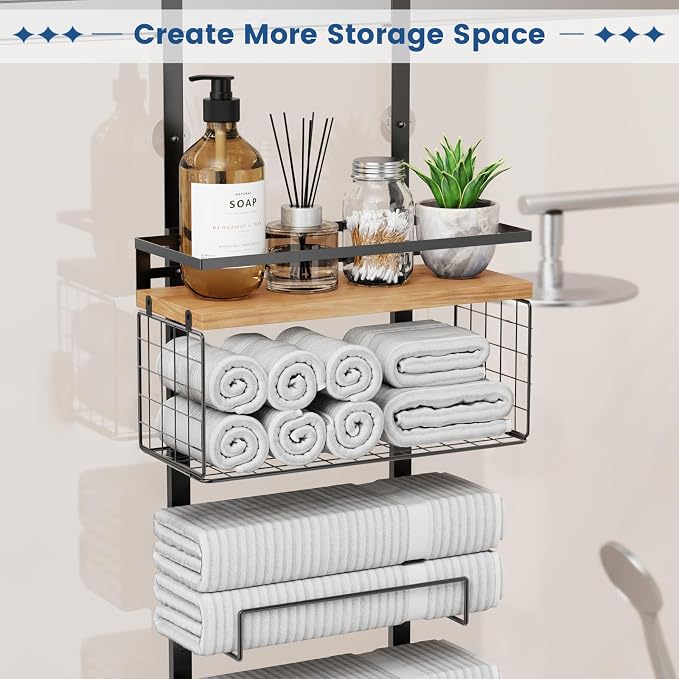 Aetyord Towel Racks for Bathroom Over The Door Towel Racks Towel Storage Organizer with Metal Shelf Basket for Bathroom Rv Camper (9-Tier Black with Wood Plank)