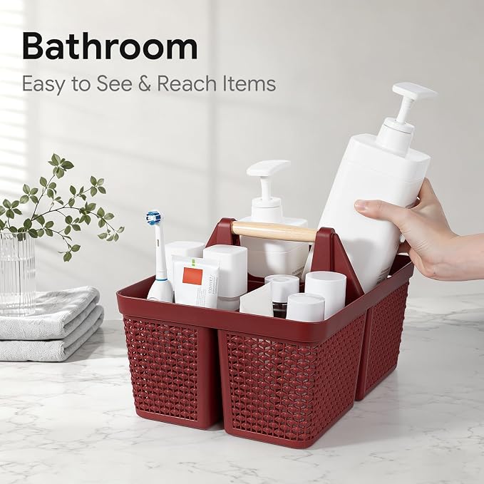 UUJOLY Portable Plastic Shower Caddy Basket with Wooden Handle, Red | Divided Storage Organizer Tote for Bathroom, Dorm, College, Kitchen & RV – Lightweight, Easy-Carry Essentials Caddy