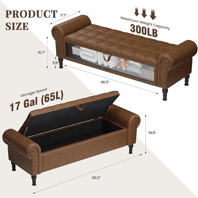 YOUDENOVA 60" Entryway Bench with Storage, PU Leather End of Bed Bench with Tufted Button, Upholstered Ottoman Bench with Rolled Arms for Living Room, Storage Room, Bedroom, Brown