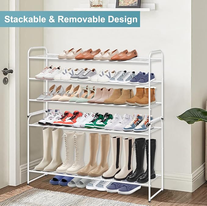 AOODA Long 3 Tier Metal Shoe Rack for Closet Wide Stackable Shoe Storage Organizer for Entryway, Bedroom, Floor, 24-Pairs Men Sneakers Boot Shelf with Wire Grid, White
