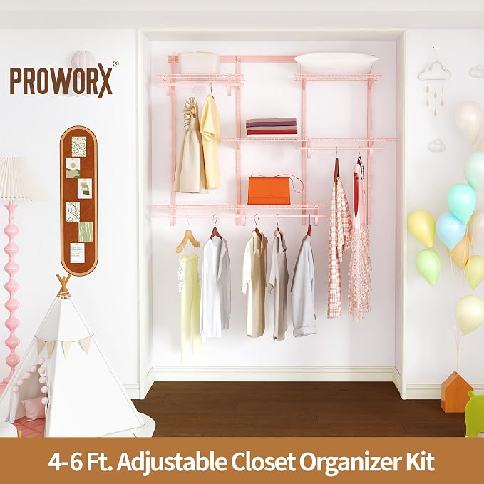 PROWORX 4-6 Ft. Pink Custom Insert Wire Closet Organizer System Kit | Adjustable Wall Mounted Metal Wire Closet Shelving System, Closet Shelves with Hanging Rods for Pantry Laundry Mudroom
