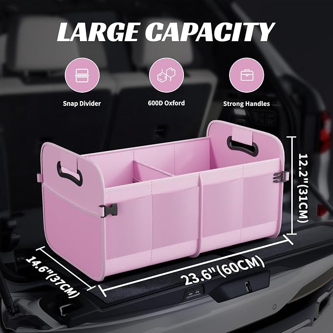 Sposuit Trunk Organizer for Car - 70L Collapsible Sturdy Car Storage, Pink | 11 Pockets & Reinforced Handles, Large Capacity, SUV Trunk Organizers for Grocery Cargo, Non-Slip Bottom