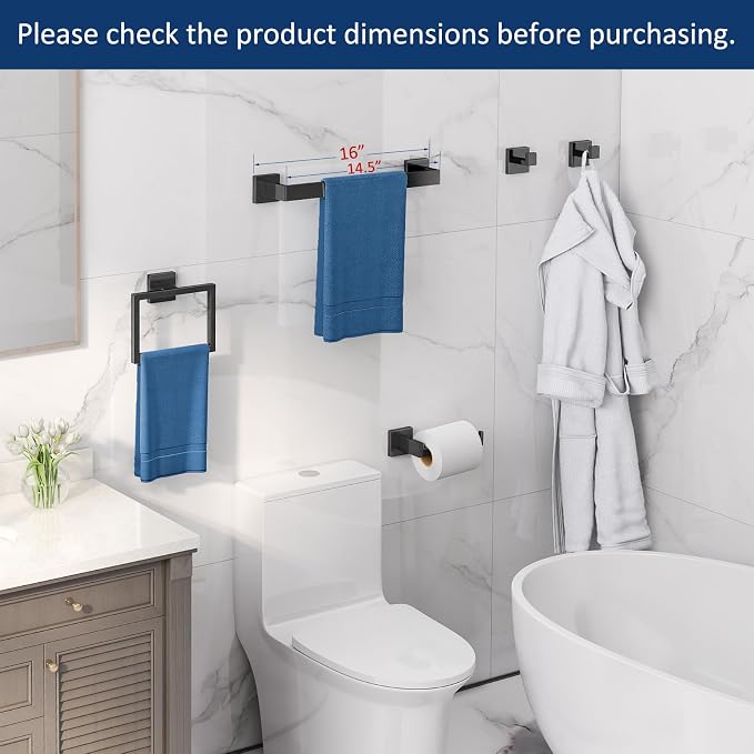 Gypie 5-Piece Bathroom Hardware Accessories Set, Towel Racks for Bathroom Wall Mounted Stainless Steel, Matte Black Towel Bar Set 16In