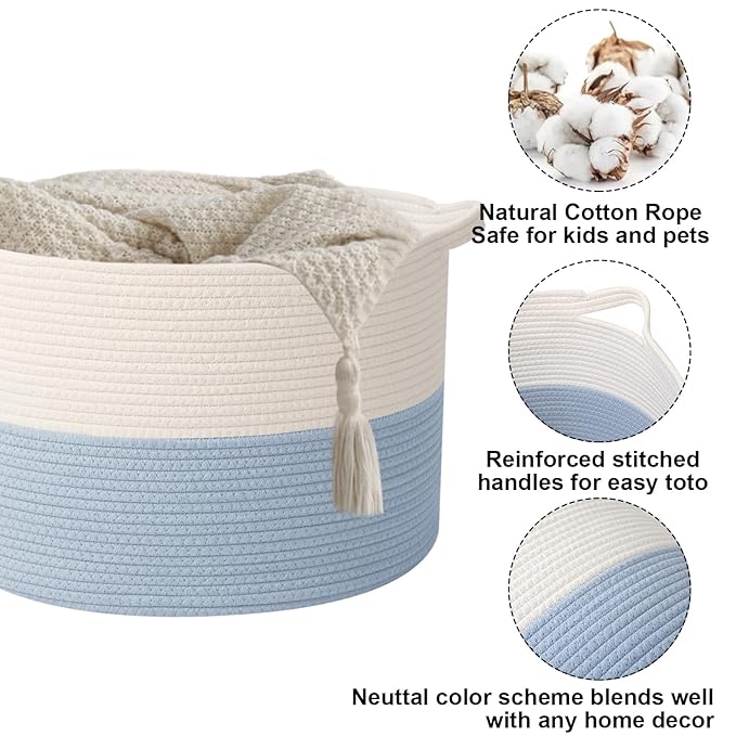 90L Large Blanket Basket,Woven Laundry Basket-White&Blue | Collapsible, reinforced handles, nursery storage bin organizes clothes, toys and pillows for living room, bedroom bathroom