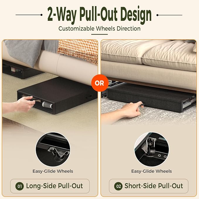 Fokyfok 2 Pack Under Bed Storage with Wheels 6 inch Height | Metal Frame,Lid,Rolling Slim Under Bed Drawers for Shoes,Clothes and Toys,Shallow Underbed Storage,Under Couch Storage,Black