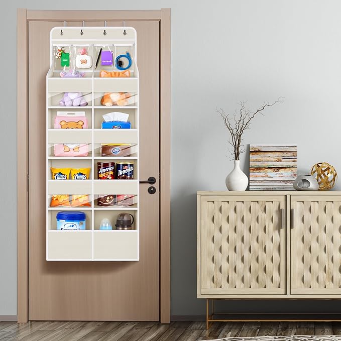 Univivi Upgraded Over the Door Organizer for Baby Nursery, Beige, 5-Shelf | Fabric Door Organizer with Clear Window Deep Pockets, Over Door Hanging Organizer for Baby Essential, Bedroom, and Dorm