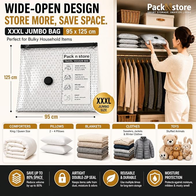 Vacuum Storage Bags Jumbo XXXL 8 Pack (37.5×49.2 In) with Electric Pump, Thick Space Saver Bags, Double Zipper Airtight Seal, Reusable Vacuum Compression Bags for Clothes, Bedding, Comforters Pillows