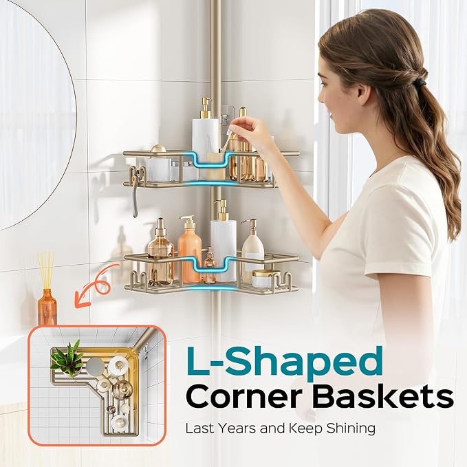 HAMITOR No-Drill Shower Rack, 4-Tier Corner Rustproof Tension Pole, Khaki | Bathroom Accessories With Hooks Renter-Friendly, 47.7-123.6in Adjustable, Space-Saving Bathtub Caddy For Family, Apartment RV