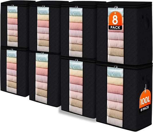SpaceWhisper 8 Pack 100L Clothes Storage, Foldable Thick Fabric Blanket Storage Bags, Containers for Organizing Bedroom, Closet, Clothing, Comforter,Closet Organization with Handle,Black