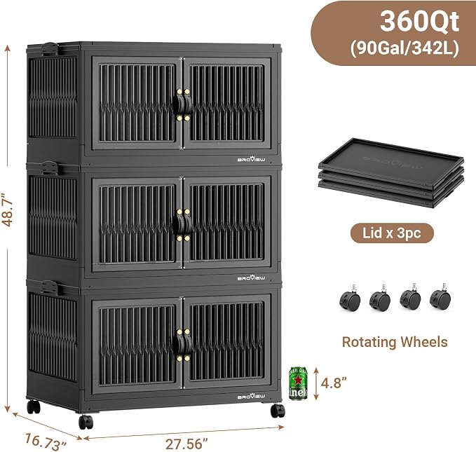 BROVIEW 360 Qt Stackable Storage Bins with Lids, Plastic Closet Organizers and Storage Drawer, Collapsible Storage Box with Wheels, Folding Storage Cabinet for Closet Clothes Organization, 3Pack Black